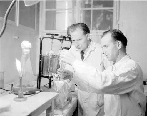 Bildquelle: https://www.novartis.com/at-de/stories/penicillin-als-tablette-erinnerungen-eine-weltsensation Margreiter und Brandl im Labor